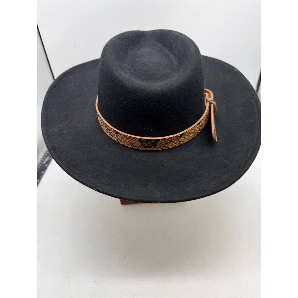 POL Black 100% Wool Wide Brim Fedora Hat indie cowgirl Snakeskin Buckle mobwife